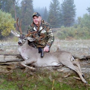 2011 Trinity County Columbian Blacktail.  T/C G-2 Contender.  .358 JDJ, 225 Nosler Partition  115 yards.  Live weight 170 lbs.  Called him "Old S
