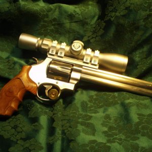 & W 629-5 Classic DX  in .44 Magnum;  Bushnell 2 x 6 Trophy scope in Weigand Rings and Mount. Hogue custom Rosewood grips.