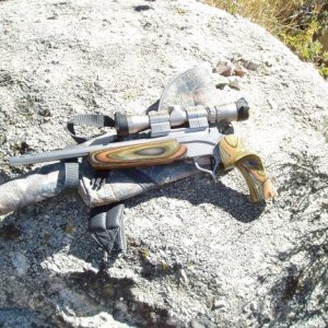 Thompson Center Encore  Pro Hunter in 30/06 Springfield.  Burris 2 x 7 in Warne Maxima rings on 6 screw Warne Base.  Dual Traps Plus Magnaporting.  Ge
