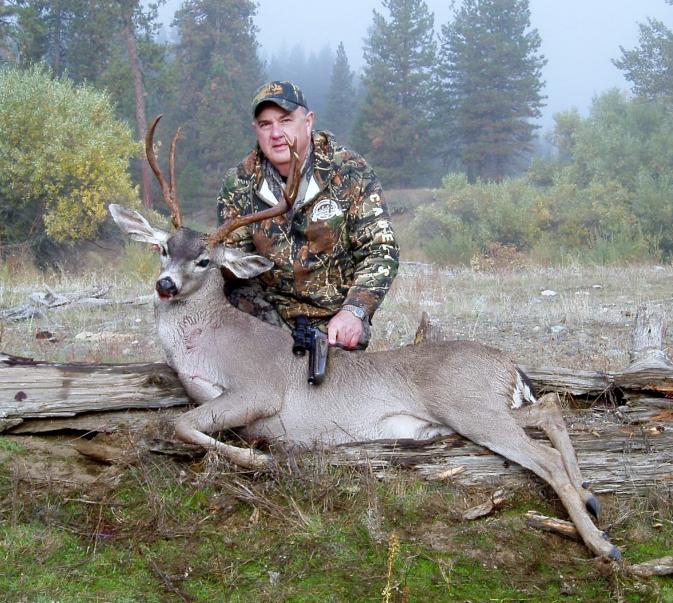 2011 Trinity County Columbian Blacktail.  T/C G-2 Contender.  .358 JDJ, 225 Nosler Partition  115 yards.  Live weight 170 lbs.  Called him &quot;Old S